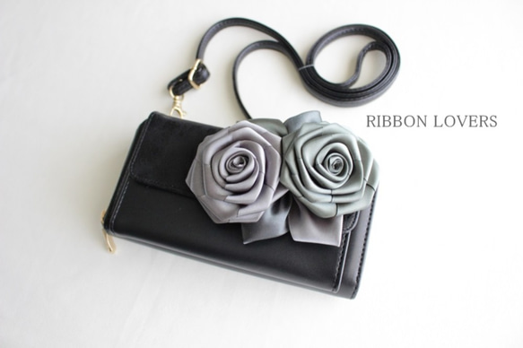 リボンの薔薇のお財布ポシェット(ブラック②) 1枚目の画像