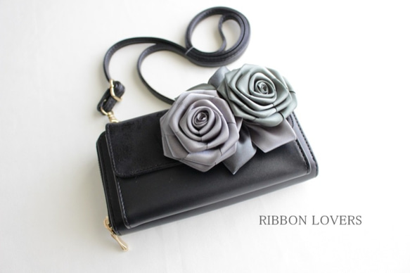 リボンの薔薇のお財布ポシェット(ブラック②) 2枚目の画像