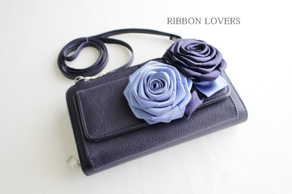 【1点もの】リボンの薔薇のお財布ポシェット(ﾈｲﾋﾞｰ①) 2枚目の画像