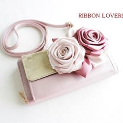 リボンの薔薇のお財布ポシェット(ピンク) 3枚目の画像