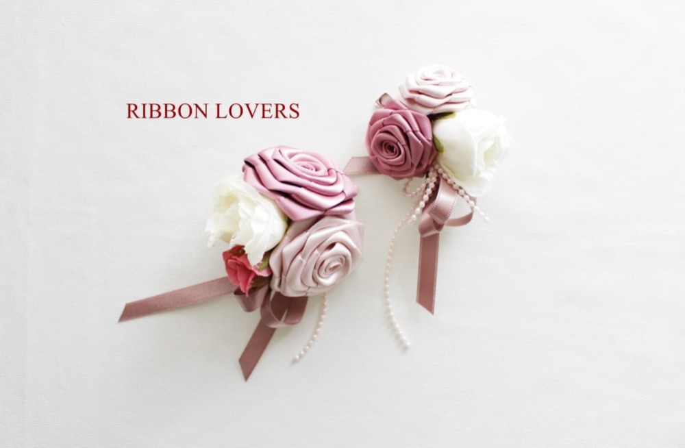 【リボンの薔薇・送料無料】親子ペア・ミニ薔薇のコサージュpink①