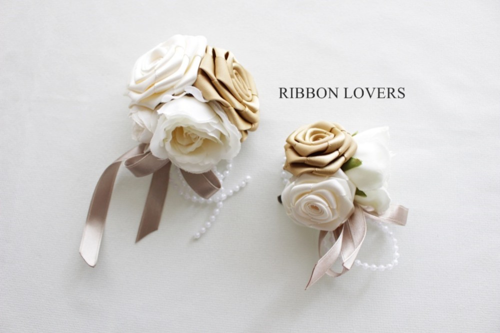 【リボンの薔薇・送料無料】親子ペア・ミニ薔薇のコサージュgold