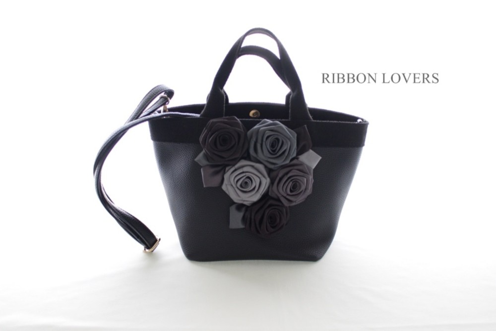 【送料無料】リボンの薔薇の花トートバッグ(ショルダー付き)
