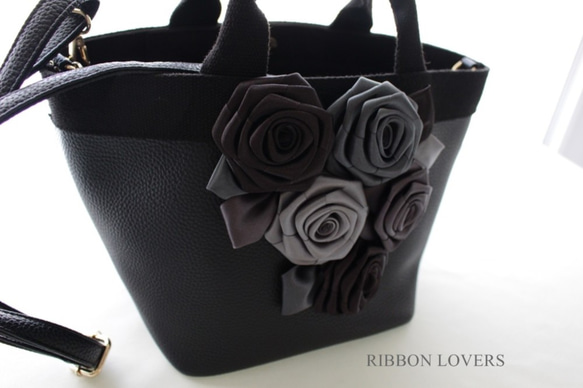 【送料無料】リボンの薔薇の花トートバッグ(ショルダー付き) 3枚目の画像