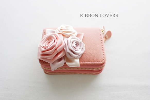 リボンの薔薇のカードケース ベビーピンク土台②(定期も小銭も入ります♪) 4枚目の画像