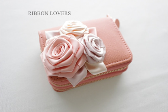 リボンの薔薇のカードケース ベビーピンク土台②(定期も小銭も入ります♪) 5枚目の画像