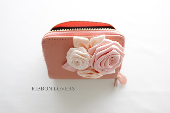 リボンの薔薇のカードケース ベビーピンク土台②(定期も小銭も入ります♪) 8枚目の画像