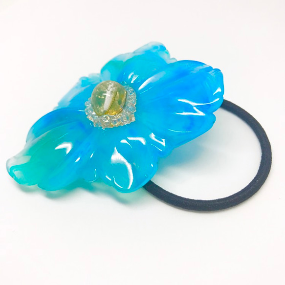 イタリア製フラワーヘアゴム【Aqua blue】 2枚目の画像