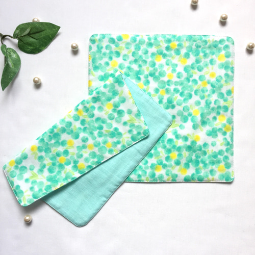 春/ミモザ/やわらか6重ガーゼハンカチ/グリーン ハンカチ・手ぬぐい  