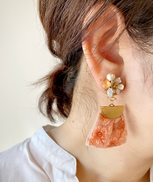 櫻花刺繡絲帶耳環/耳環 第6張的照片