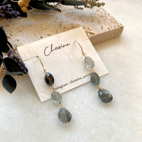 14kgfモスアクアマリン・トルマリンピアス/イヤリング モスアクアマリン房ピアス・イヤリング変更可・14kgf | iichi 日々の