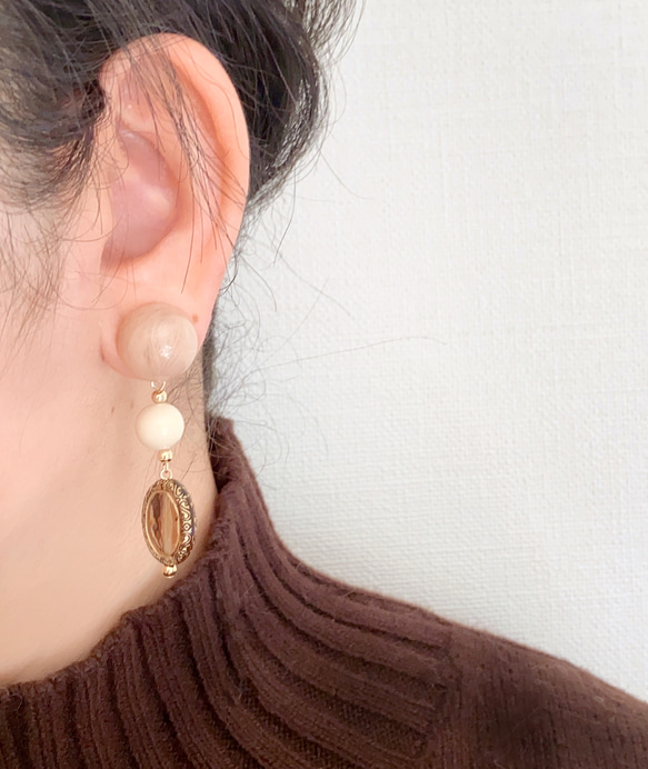 古董珠子耳環/耳環（棕色 x 象牙色） 第1張的照片
