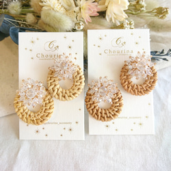 珠飾凸圓形寶石和藤條耳環/穿孔耳環 第4張的照片