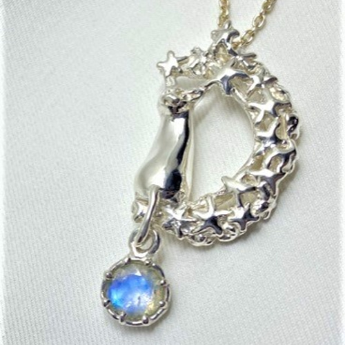 ⓵ラブラドライト　月　星 Ci-Pu＞Wラブラドライト星月猫ネックレス ネックレス・ペンダント