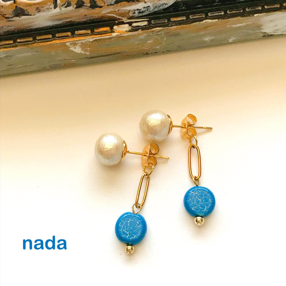 creema限定◇コットンパールとターコイズの2WAYピアス/キスカ