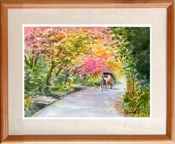 正規品販売！ 紅葉の参道・鎌倉 水彩画原画 ＃446 10941038 通販 syoumei 絵画 絵画