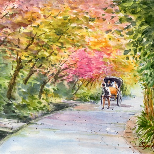 水彩画原画 紅葉の参道・鎌倉 ＃446 絵画 syoumei 通販 10941038
