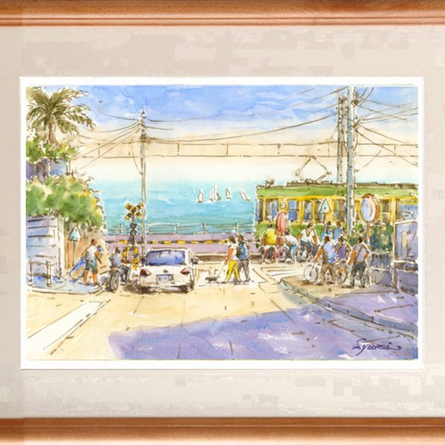 注文制作します 水彩画原画 江ノ電・鎌倉高校前駅踏切風景 ＃474