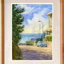 水彩画原画 湘南の海・七里ヶ浜高校と江ノ電踏切 ＃481 絵画 syoumei