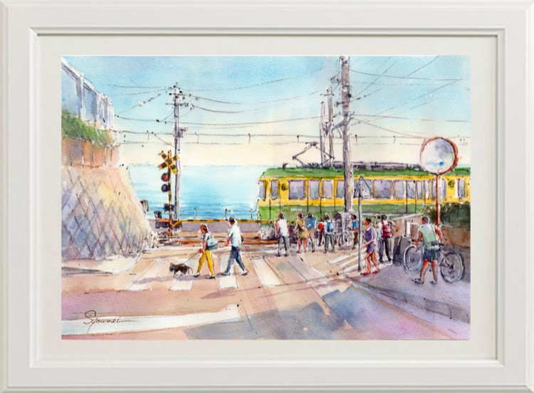 注文制作します・ 水彩画原画 鎌倉高校前踏切風景 #649」 by
