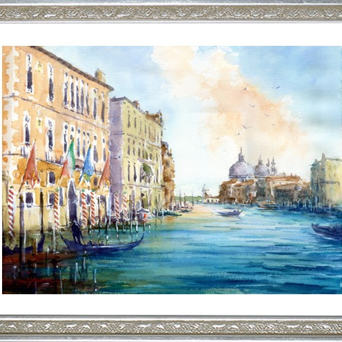 油彩画 ヴェネツィア 運河風景 絵画 額縁付き インテリア アート 匿名発送 油彩画 ヴェネツィア 運河風景 絵画 額縁付き インテリア アート