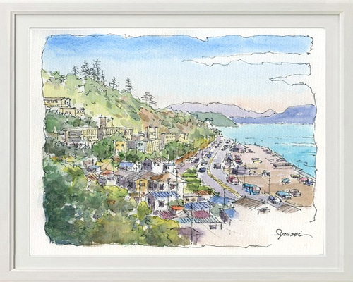 水彩画 七里ヶ浜高台からの湘南風景 絵画 syoumei 通販 3797524