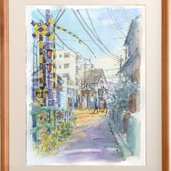 水彩画「池の雑草取り」