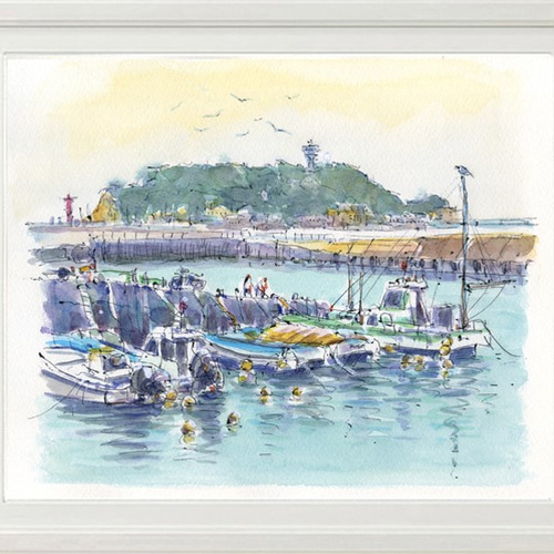 水彩画 腰越漁港と江の島16 絵画 syoumei 通販 3798073｜Creema(クリーマ)