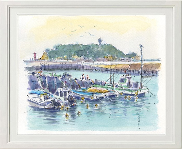 水彩画 腰越漁港と江の島16 絵画 syoumei 通販 3798073｜Creema(クリーマ)