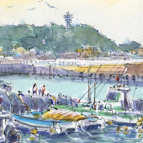 水彩画 腰越漁港と江の島16 絵画 syoumei 通販 3798073｜Creema(クリーマ)