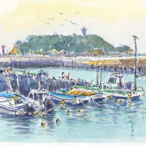 水彩画 腰越漁港と江の島16 絵画 syoumei 通販 3798073｜Creema(クリーマ)