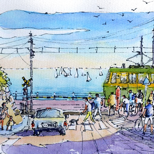 水彩画原画　江ノ電・鎌倉高校前駅改札口前　＃674 水彩画原画 江ノ電・鎌倉高校前駅改札口 ＃674 | iichi 日々の