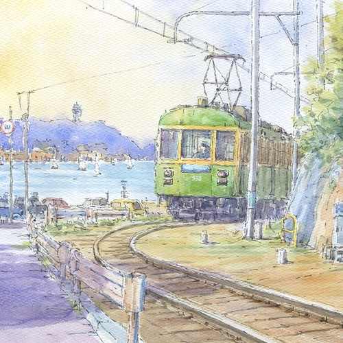 注文制作します 水彩画原画 江ノ電・七里ヶ浜から稲村ヶ崎へ ＃233