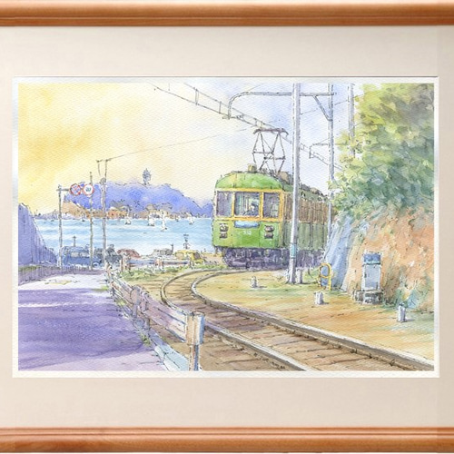 注文制作します 水彩画原画 江ノ電・七里ヶ浜から稲村ヶ崎へ ＃233