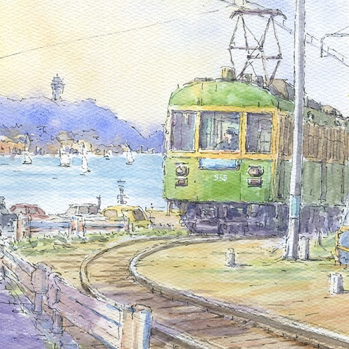 水彩画原画　江ノ電・鎌倉プリンスホ 水彩画原画 江ノ電・鎌倉高校前駅ホームと七里ガ浜の海 ＃669