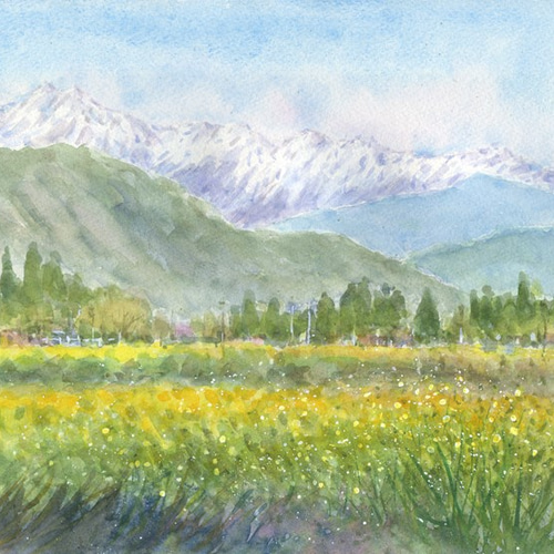 ラベンダー畑06」透明水彩画 原画 風景画 額縁付 SMサイズ 絵画