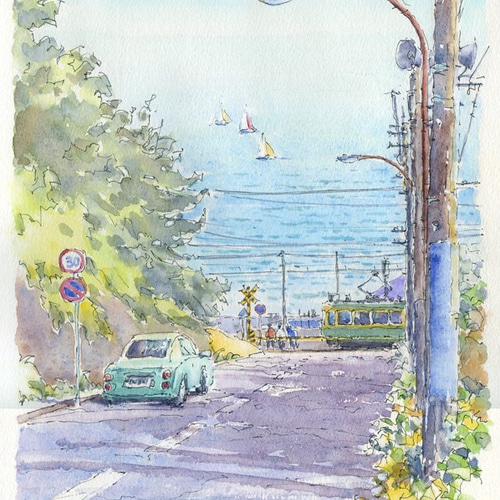 水彩画 七里ヶ浜からの湘南の海5 絵画 syoumei 通販 4802216