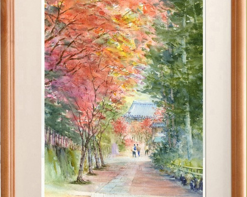 水彩画・紅葉の散歩道・原画 水彩画原画 紅葉の散歩道 - ショップ 松下