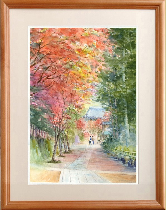 注文制作します 水彩画原画 紅葉・鎌倉円覚寺参道 ＃266 絵画