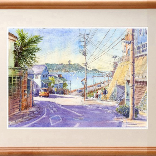 水彩画 湘南風景6・七里ヶ浜から江の島遠望 絵画 syoumei 通販