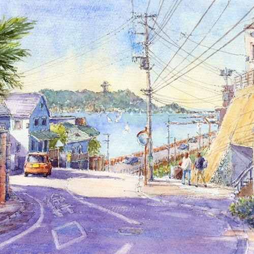 水彩画 湘南風景6・七里ヶ浜から江の島遠望 絵画 syoumei 通販