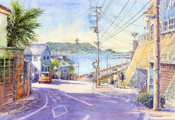 水彩画　湘南風景6・七里ヶ浜から江の島遠望 2枚目の画像