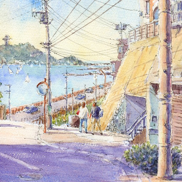 水彩画　湘南風景6・七里ヶ浜から江の島遠望 4枚目の画像