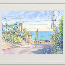 水彩画原画　江ノ電と湘南の海・日坂から　＃670 水彩画原画 江ノ電と湘南の海・日坂から ＃670 絵画 syoumei