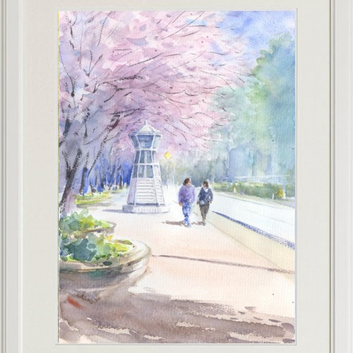 水彩画原画 さくら・横浜元町公園前 絵画 syoumei 通販 5364602