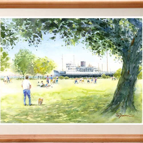 注文制作します 水彩画原画 横浜山下公園と氷川丸 ＃289 絵画