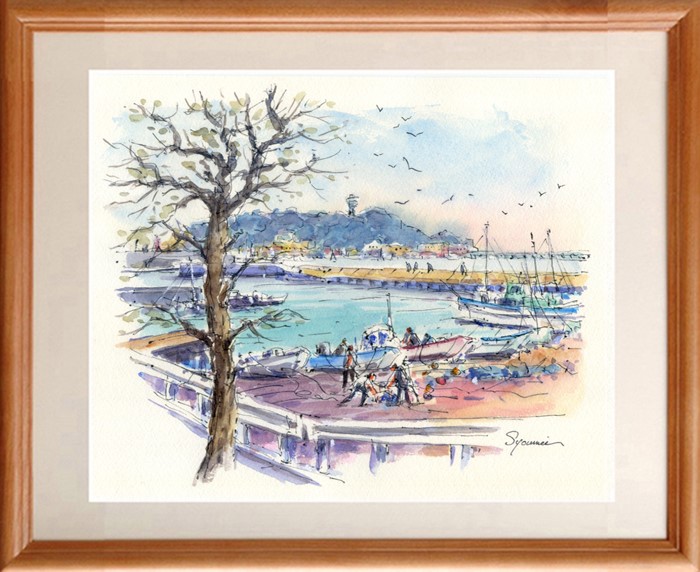 水彩画原画 江の島と腰越漁港2 絵画 syoumei 通販 5808575