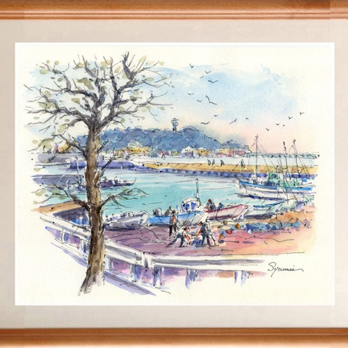 水彩画原画 江の島と腰越漁港2 絵画 syoumei 通販 5808575