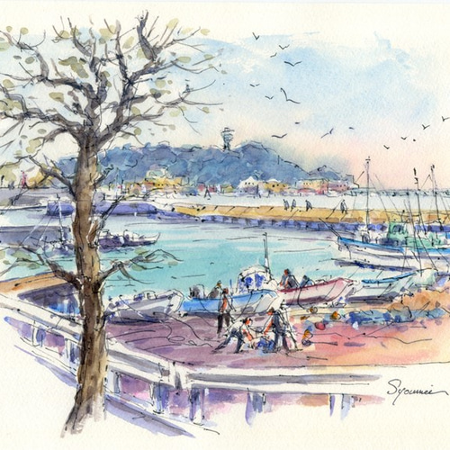 水彩画原画 江の島と腰越漁港2 絵画 syoumei 通販 5808575