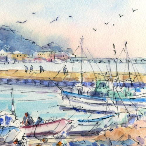 水彩画原画 江の島と腰越漁港2 絵画 syoumei 通販 5808575